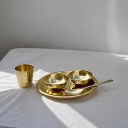 PACHWARIYA Pure Brass Laddu Gopal Bhog Thali Plate Set – 5 Pcs Pooja Thali with 1 Brass Plate, 2 Bowls, 1 Glass & Spoon for Kanha Ji Bhog, Janmashtami Puja & Festival Rituals-picture-32