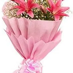 The FloralMart® Fresh Flowers Bunch of 08 Pink Asiatic Lilies with Seasonal Fillers in Stylish Paper Wrapping || TFM-image-24