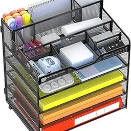 DocNest Multi-Functional Desk Organizer Tray, 5 Tier Paper Letter Tray Organizer with 3 Pen Holder, Mesh Desktop Organizer and Storage with 5 Adjustable Compartments for Office Supplies-Black-picture-13