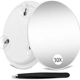 Suupvaor Magnifying Mirror 30X with Suction Cups, 6inch Travel 30X Magnified Mirror Large Round Makeup Mirror with High Magnification, Make up Mirror with Tweezers Sets image 1