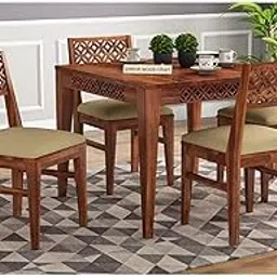 SHIKHA WOOD CRAFT Sheesham Wood CNC Design 4 Seater Dining Table Set with Cushioned Chairs | Stylish Wooden Dining Furniture for Living Room, Hotel, Restaurant, Home, and Dining Room (Honey Finish)-picture-45