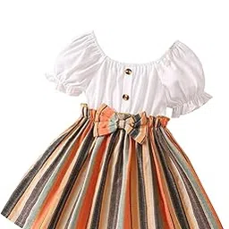 tagas Toddler Girls Striped Print Puff Sleeve Bow Front Dress || Stripe Pattern Dress for Kids || A Line Dress || Puff Sleeve Dress for Girls || Casual Dress-picture-50