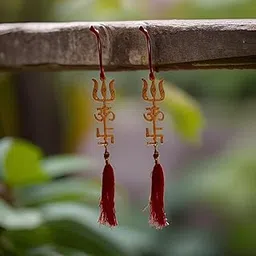 Salvus APP SOLUTIONS Om Trishul Swastik Trishakti Yantra with Red Dhaga – Sacred Wall & Door Hanging for Positive Energies and Vastu Correction (3 inch_Golden) [Pack of 2]-image-0
