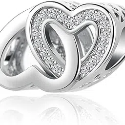 Sparkling Love Heart Charm for Bracelet Silver Cubic Zirconia Bracelets Bead for Women Love Wife Girlfriend Valentine Family, Copper, No Gemstone-image-1