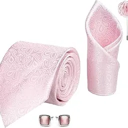 Tie for Men – Paisley Silk Neck Ties Set with Cufflinks Flower Pin, Pocket Square & Black Gift Box, Combo Necktie Sets for Office Wear, Formal Suits & Weddings (Pink, JCPKRX)-image-64