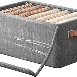 26L Foldable Canvas Storage Box with Lid & Handles – Stackable Fabric Organizer Bin for Clothes, Toys, Wardrobe, Steel Frame, Space Saving Closet Solution (Grey (26 Liters))-image-66