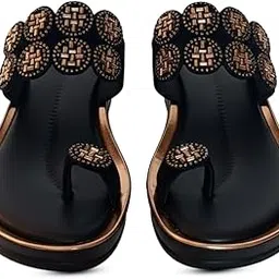Women's Toe Ring Platform Sandals, Black with Bronze Beaded Design, Comfort Wedge Heel-picture-30
