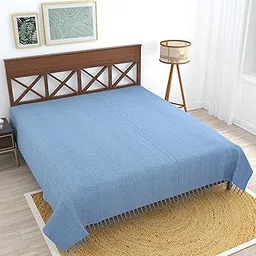 100% Cotton Printed Double Bedsheet with Fringes – Soft, Durable & Trendy Design-220x200 cm (Solid Blue, 220X200 CM) image 1