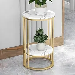ETIQUETTE ART 2-Tier End Tables, Modern Faux Marble Top Bedside Table End Table with Storage Shelf for Home & Living Room Side & Corner Table Sofa End Table (Gold & White)-image-1