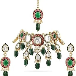 rubans 24K Gold-Plated Kundan & Green Beaded Choker Necklace Set with Red Stone Accents-picture-56