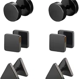 ™ Trendy Black Round Square Triangle Barbell Dumbbell Studs Earrings Screw Back Piercing Stainless Steel Bali Combo For Men Women Boys Girls Unisex (Pack of 3 Sets)-image-1