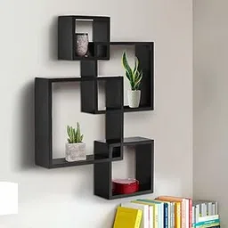 BLACK WUD Interlock Floating Shelves, Wooden Wall Organizer Hanging Shelf for Home Decor, Set of 4, Black-picture-47