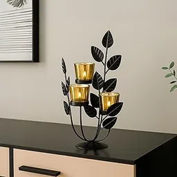 MARKET 99 Metal+Glass 3 Votive T- Light Holder Leaf Shape Black | For Diwali, Christmas, Birthday, and Wedding | Decorative Candle Holder for Home Decor & Festive Season | Golden & Black-picture-10
