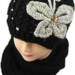 Krystle Women's Winter Woollen Flower Design Cap with Muffler (Black, Free Size)-picture-18