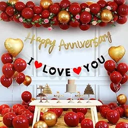 Party Propz Happy Anniversary Decoration Items Kit - 45Pcs Red Wedding Anniversary Decoration Kit, Golden Banner and Heart Foil Balloons, I love You Banner (Cardstock)-picture-51