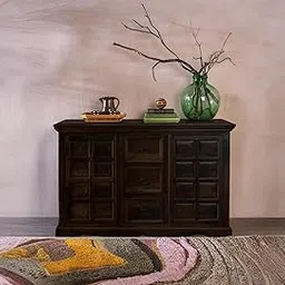 ANGEL FURNITURE Sheesham Wood Sideboard with Mammoth Carvings, 3 Drawers and 2 Doors, Storage Cabinet, 130x45x85 cm, Living Room Storage Unit (Walnut Finish)-image-0