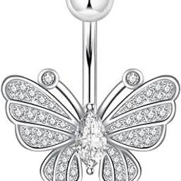 fensir Full Diamond Zircon Butterfly Belly Button Ring | Stainless Steel Navel Piercing Jewelry for Women-picture-25