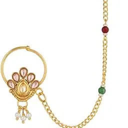 cz stone Luxurious Gold Plated Nose Ring with Kundan and Beaded Chain image 1
