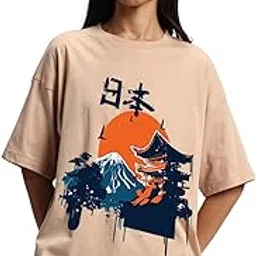 juneberry Pure Cotton Drop Shoulder Oversized Baggy Fit Cool Nature Front Graphic Printed Beige Half Sleeve T-Shirt for Women & Girls (Sizes: S to 2XL)-picture-10