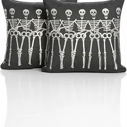 Halloween Skeleton Decorative Throw Pillow Cover, Dark Gray Cotton, 16 x 16 Inch, Dancing Skeletons Pattern, Gothic Home Decor, 2 Pack-image-97