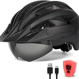 FUNWICT Adult Bike Helmet with Visor and Goggles for Men Women Mountain Road Bicycle Helmet Rechargeable Rear Light Cycling Helmet (M: 54-58 cm (21.3-22.8 inches), Black)-image-16