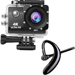 Drumstone Combo Pack of 2 Items- Touch Screen Sports Action Camera, 4K Waterproof Sport Camera with On Ear Bluetooth Wireless S109 Headphones for Running(Multicolor) image 1
