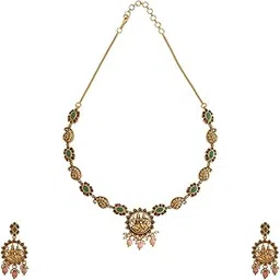 kushal's Fashion Jewellery Ruby-Green Gold Polished Antique Short Necklace With Push Back Hanging Earringsand Adjustable Chain for Festive Season, Necklace set for women - 435512-picture-22