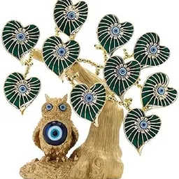 BLUE BEADS Metal Betel Leaf With Lucky Owl Tree Amulet Table Centerpiece Ornament For Home Office Decor Protection Gift, 25 Cm, Gold-image-43