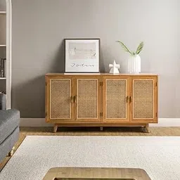 Natural Oak Rattan Sideboard Cabinet with 4 Cane Doors – Wooden Storage Console for Living Room or Entryway-picture-19
