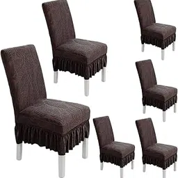 CLiDE Embossed Frill Chair Cover Stretch Removable Washable Short Dining Chair Cover Protector Seat Slipcover (Coffee Leaf, Pack of 6)-picture-23