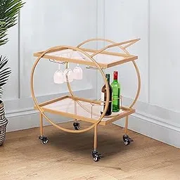 CORSICA DESIGNS | Aamna 2-Tier Round Bar Trolley | Sturdy & Rust-Resistant Mild-Steel | Party, Dining, Hosting. Entertainment | Wine Cart on Wheels | Glam Gold (Clear Glass Shelves)-picture-44