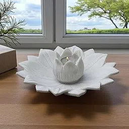 White Marble Lotus Plate with Diya Tealight Candle Holder – Marble Urli for Home Decor, Diwali Decoration, Pooja Room & Gifting | 9 Inch Decorative Centerpiece for Living Room (9 inch)-picture-16