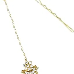 jwella Gold Plated Floral Crescent Kundan Maangtika with Pearls for Women | Traditional Bridal Forehead Jewelry with Pin & Glue Dots-picture-43