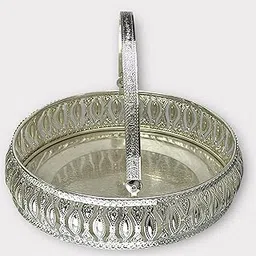 Silver Floral Cutwork Iron Basket with Handle - German Silver Plated Decorative Basket for Pooja, Dry Fruits, Wedding Return Gift, Housewarming, Diwali, Dining Table & Shelf Decor-picture-29
