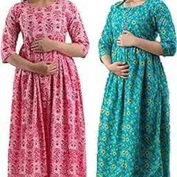 mangla kurti Women's Pure Cotton Printed Maternity Gown Feeding Nighty A-line Maternity Dress Kurti Gown for Women Pack of 2-picture-21