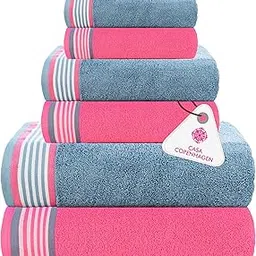 Casa Copenhagen, Germany Design - He & She Super Soft Collection 100% Cotton 6 Piece Towel Set, Includes 2 Bath Towels 2 Hand Towels 2 Washcloths - Dusty Blue & Pink-picture-28
