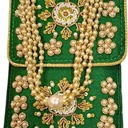 DMS RETAIL Luxury Mobile Pouch – Hand Embroidered Pearl & Zari Work Phone Sling for Women & Girls with Pearl Drawstring (Green)-picture-35