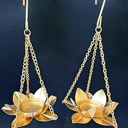 Agaas Enterprises Metal Hanging Lotus Shape Tealight Candle Holder with Chain Diwali Festival Decoration Hanging Diya Indoor Outdoor Decor Corporate Gift Set of 2 image 1