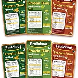 Prolicious High Protein & High Fiber Thins Combo|Good For Pcos & Weightloss|3 Flavours|No Palm Oil|Pack Of 6, 50 Gram Each,Garlic Bread, Methi Munch, Pani Puri-image-3
