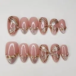 SIYARAM PALACE handmade Nails Press-On Nails Set, Rose Gold Butterfly Design with Pearl Embellishments, Nude Pink, 12 Pieces with Prep Kit-image-45