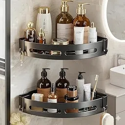 Self-Adhesive Wall-Mount Bathroom Corner Shelf Rack Organizer – bathroom organiser without drill kitchen organizer rack & Bathroom Accessories Wall Mounted Organizer Shelf(2 Pcs,Black)-picture-20