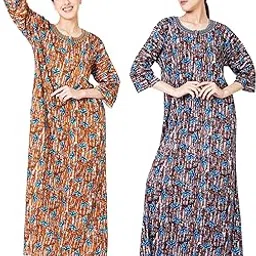 zenith textile impex Zenith Text Impex’s (Pack of 2) Embroidered Neck Full Length 100% Cotton with Long Sleeves Nightie/Maxi/Night Gown (Combo)-picture-44