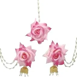 SADO Artificial Rose Flower Jewellery Set for Women – Jhumki Earrings with Ear Chain & Maang Tikka for Haldi, Mehndi, Baby Shower & Bridal Wear-picture-48