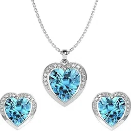 925 Sterling Silver Sky Blue Heart Pendant Earring Chain Jewellery Set | Rhodium Plated, Swiss Zirconia | Gift for Women & Girls-image-6