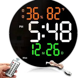 CBK Digital Alarm Wall Clock 10" Large with Remote Control, Temp, Humidity, Dual Alarms, Living Room Décor/Gym/Garage, Gift for Elderly (Big Round Wall Clock)(Font Colour May Vary) image 1