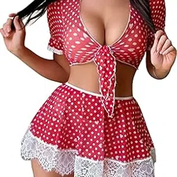 luxzii - a touch of luxury LUXZII Sexy Babydoll Dress for Women – Red Polka Dot Sheer Mesh Dress with Lace Trim | 3 Piece Honeymoon Outfit with Top, Skirt & G-String (Red-Free Size)-picture-13