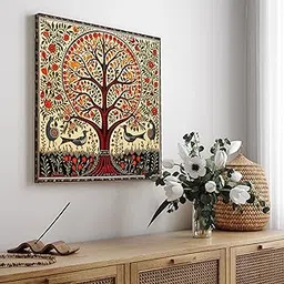 PAINTINGMANTRA Madhubani Art of Tree And Birds Wall Decor Print Multicolor | Canvas Painting Stretched on Wood | Suits For Living Room, Bedroom, Hallways (16x16 Inch)-picture-10