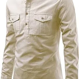crowntail Men Pure Cotton Slim Fit Roll-Up Full Sleeve Double Pocket Short Kurta with Stylish Design | Super Soft Comfortable Beige Color Kurta for Casual Outings-picture-23
