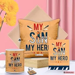 Jhingalala My Son My Hero Printed Satin Cushion with Filler, Coffee Mug, Key Chain, Greeting Card Combo (Multicolour, 4 Pieces)-picture-14