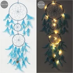 ilu ILU® Dream Catcher with Lights, Wall Hangings, Crafts, Home Décor, Handmade for Bedroom, Balcony, Garden, Party, Café, Decoration, Wedding, Decorative, Blue Feathers (17 cm Diameter)-picture-15